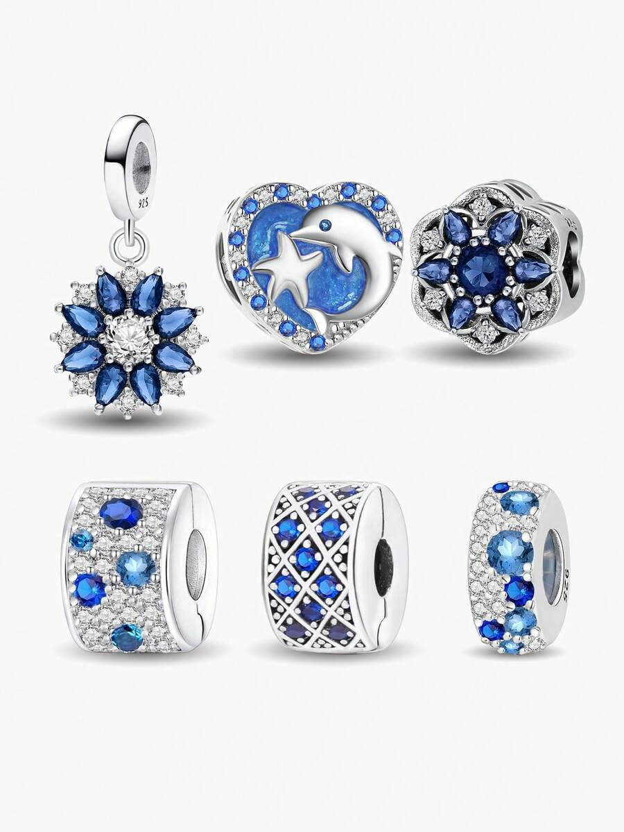 1 件 925 纯银蓝色全钻海洋串珠适合女士手链手镯 DIY 珠宝制作和日常服装搭配珠宝装饰适合女孩 - 銀色 - 查看 1