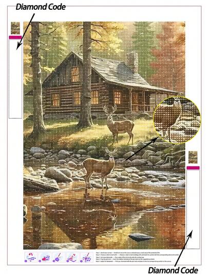 1pc 5D DIY Diamond Painting Deer By Forest Cabin, Scenic Diamond Embroidery Landscape For Rustic Home Wall Decor, Relaxing Diamond Art Painting Craft For Adults