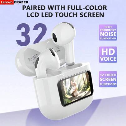 Lenovo Écouteurs sans fil multifonctions à écran tactile ERAZER investis par Lenovo HT88, Bluetooth 5.4 avec couplage automatique, annulation du bruit, microphone, qualité sonore Hi-Fi, écran intelligent, matériau ABS/PC, longue durée de vie de la batterie, mode double musique/sport/jeu, écouteurs Bluetooth blancs