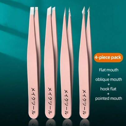 4PCS Stainless Steel Tweezers For Eyebrow Hair Facial Hair Removal, Splinter, Blackhead Slant Tip Angle Tip Pointed Tip