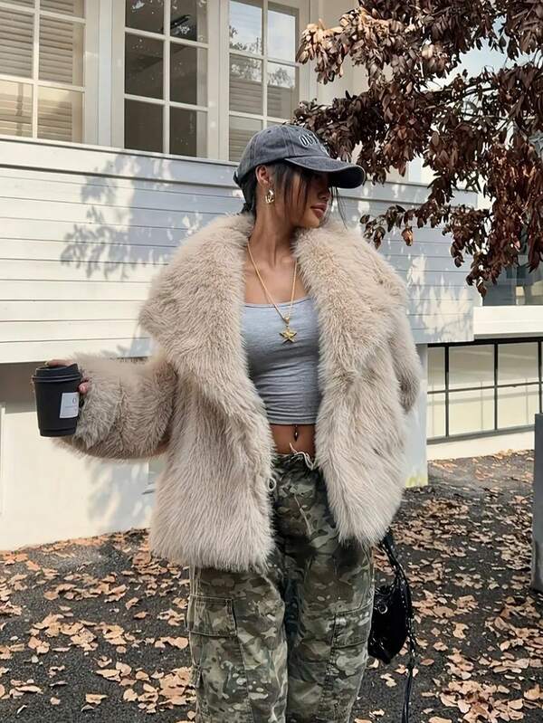 Women's Solid Color Faux Fur Collar Jacket, Fashionable For Autumn/Winter