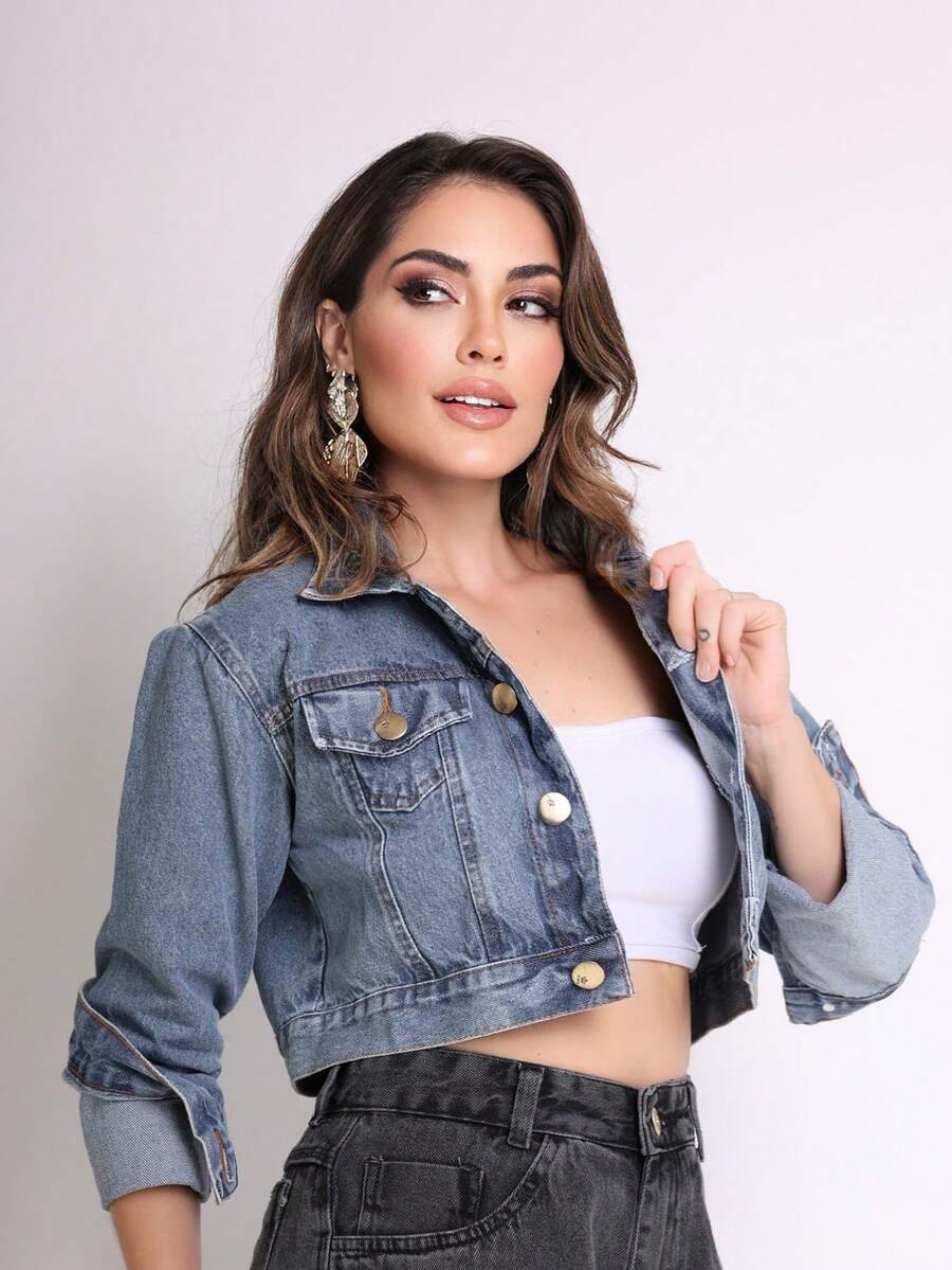 Cropped Denim Jacket With Hem, Women's Fashion - 中等水洗藍 - 查看 1