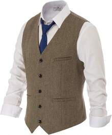 PJ  Men's Herringbone Tweed Suit Vest Casual Wool Blend Waistcoat - 軍綠色 - 查看 6