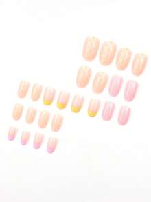 24 piezas. Remaches con forma ovalada. Estilo francés. Rayas rosas. Lunares amarillos. Adecuado para todas las estaciones (primavera, verano, otoño, invierno). Decoración de uñas DIY para embellecer las uñas. Adecuado para niñas/mujeres para uso diario. Aplicable para citas, vida diaria, fiestas, temporada de regreso a la escuela y otras ocasiones. + 1 botella de esmalte de uñas líquido + 1 lima de uñas, ¡para decorar las uñas y hacer arte de uñas DIY!