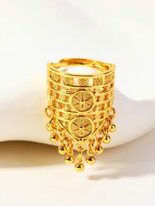 1pc Fashionable Hollow Floral Beaded Tassel Adjustable Ring For Women, Suitable For Party, Gift, Daily Wear