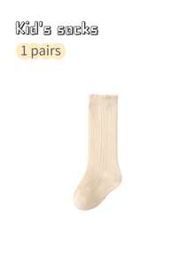 1 Pair Girls' Solid Color Knee High Socks With Ruffle Trim, Autumn/Spring