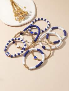 8pcs/Set Football Bracelet, Multi-Layer Crystal Heart, Star, Letter Charm Elastic Friendship Bracelets