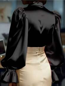 Women's Satin Button-Down Shirt, Long Sleeve, V-Neck, Lantern Sleeve, Loose Fit, Casual/Office Wear, Spring/Summer/Autumn