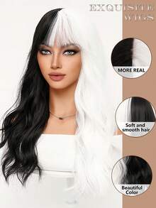 clouder Gothic Punk Black And White Water Wave Curly Wig 26 Inch Long Wavy Wig With Bangs Halloween Christmas Wig Street Punk Wig Women's Synthetic Heat Resistant Fiber Wig Suitable For Daily Cosplay Party Music Festival Y2K Wig Avant-Garde Preppy Wig Modern Fashion Punk Wig - Black and White - View 4