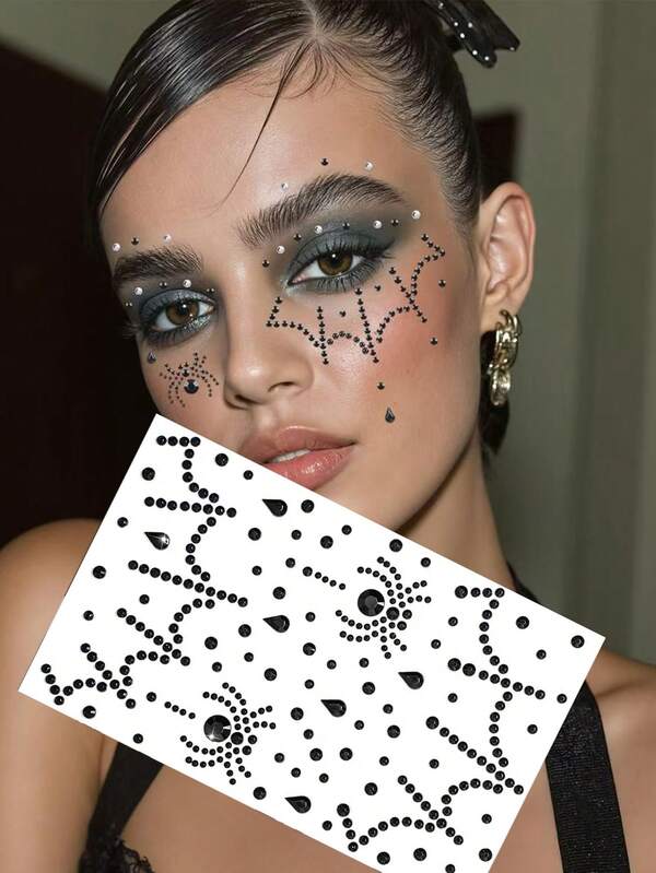 1 Stück Halloween Schwarze Spinnen Gesichts-Aufkleber, Horror Stil Gesichts-Dekoration, Tag der Toten Make-up, Bühnenauftritt Dunkle Hexe Make-up, Realistischer 3D Diamant Acryl Gesichtsschmuck, Körper-Aufkleber