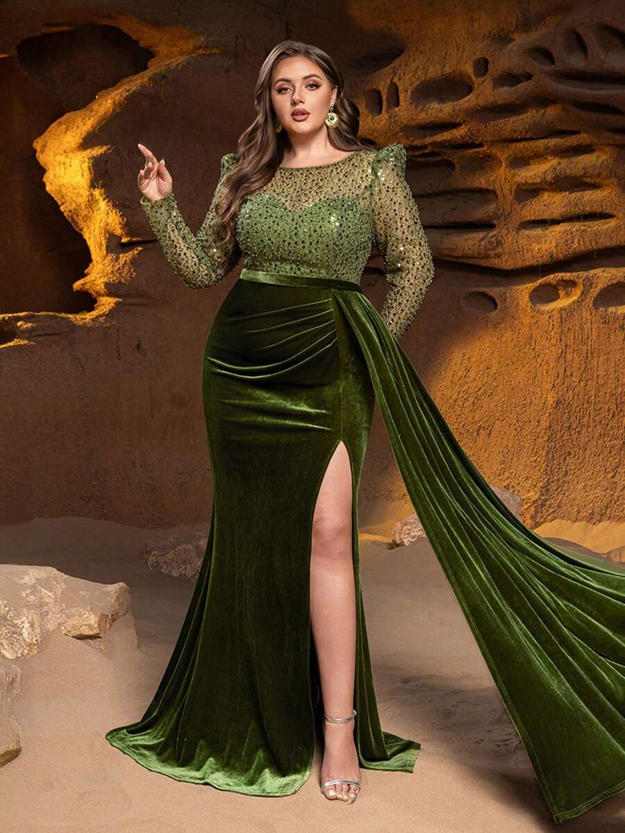 贴身天鹅绒美人鱼晚礼服,饰以闪亮亮片和串珠紧身胸衣,薄纱袖子,侧开衩设计性感迷人 | 奢华优雅的正式礼服 | 完美适用于红毯活动、正式晚宴、婚宴和高端派对 - 橄欖綠 - 查看 1