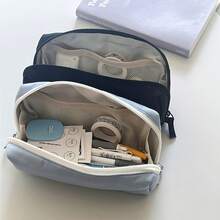 Ins-Style Canvas Pencil Case, Multi-Layered Stationery Organizer With Transparent Compartments, Durable Zipper Closure - Ideal For Students, Available In Black And Blue, Pencil Pouch