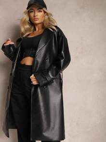 Imitation Leather Coat With Large Collar And Belt - Black - View 4