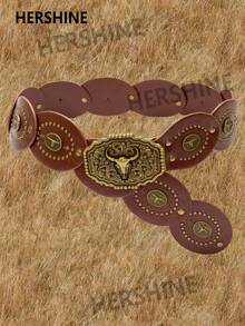 Hershine Nowy pasek w stylu retro western cowboy w stylu boho z 2025 roku. Pasek w stylu punk, w kolorze antycznego brązu, z owalną, ażurową klamrą w kształcie kwiatu, ze skóry PU, z metalową klamrą w kształcie głowy byka i ozdobnymi dodatkami.
