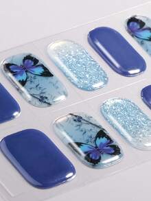 16pcs Chinese Style Semi-Cured Gel Nail Stickers, Celadon Butterfly Pattern Self-Adhesive Gel Nail Stickers, Easy Manicure, Salon Quality, Women DIY Nail Stickers Nails Nail Supplies - Blue - View 3