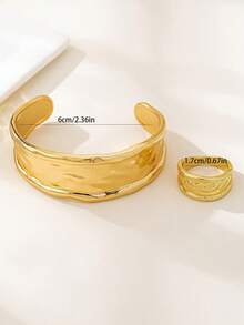 2 件时尚金色 C 形锤纹粗款手链和戒指首饰套装，适合女性日常佩戴 - 金黃色 - 查看 3