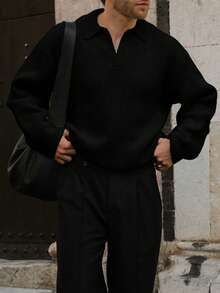 Men's Ribbed Knit Polo Neck Sweater, Casual Loose Fit Pullover, Suitable For Autumn And Winter - màu đen - Xem 2