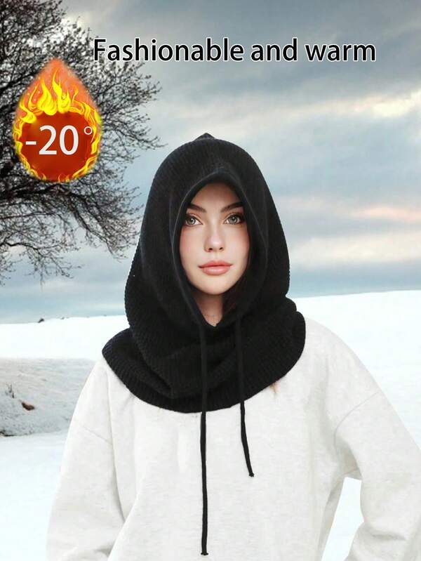 Nuovo berretto lavorato a maglia con sciarpa per donna, sciarpa con cappuccio in colore unito spessa e calda, copricapo casual versatile in misto poliestere per autunno/inverno