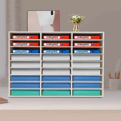 Rainaut 1PCS PVC Literature Organizer Desktop File Sorter Mail Center Paper Storage Cabinet Rack Shelf 27 Compartments For Home & Office Mailbox School Classroom Keeping, Grey