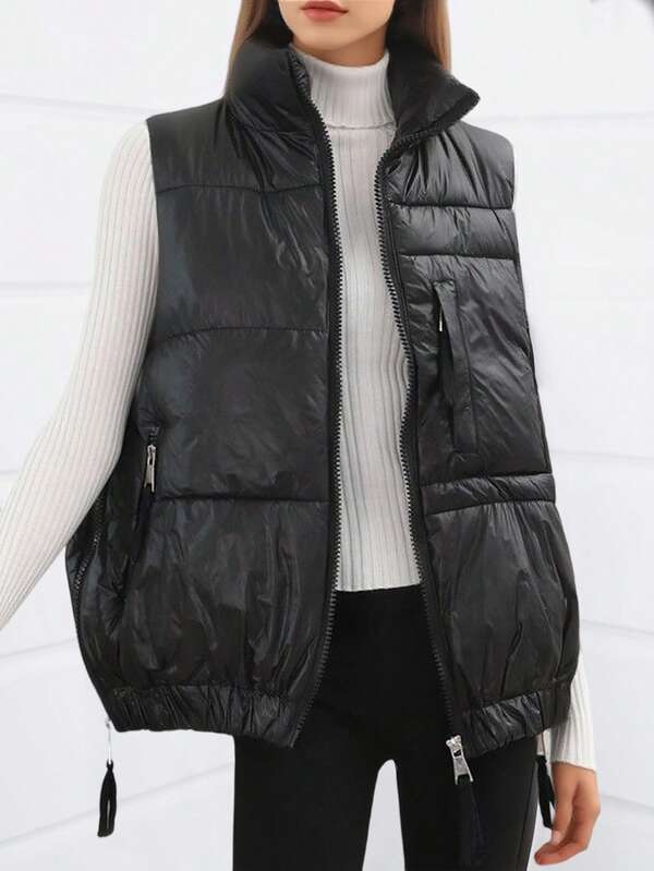 Veste sans manches avec fermeture éclair et poches, couleur unie, décontractée pour l'hiver pour femmes