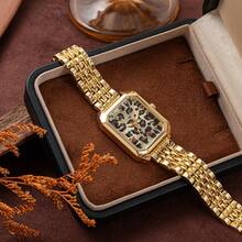 xinyunkou Encanto feroz, punto focal en la muñeca, reloj de lujo de estilo salvaje y elegante con esfera de estampado de leopardo - Dorado - Ver 2