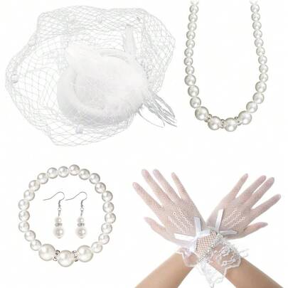 5Pcs Lace Fascinators For Women Tea Party Fascinator Hat With White Veil Feathers Hats Gloves Pearl Jewelry Set Party Accessories For Women