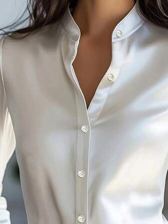 Elegant långärmad skjorta i satin för kvinnor - Mångsidig enfärgad blus med knappar, klassisk krage, mjukt och slätt tyg, maskintvättbar och kemtvättbar, lämplig för kontor, vardagliga och formella tillfällen, exklusiv stil, lättskött tyg, lämplig för vår, sommar, höst och vinter