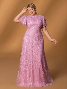 Faeriesty Mosy Luxe Plus Size Mother Of The Bride Dress: Chic Round Neck, Romantic Ruffled Sleeves, Elegant A-Line Skirt With Embroidered Details – Perfect For Weddings, Formal Galas, Black Tie Events, Evening Receptions & Grand Banquets