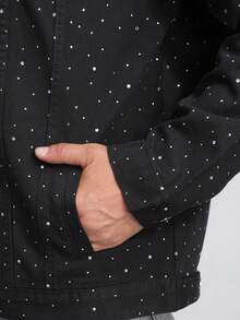 Men's Black Denim Jacket With Rhinestone Embellishment, Suitable For Spring And Autumn - 黑色 - 查看 7