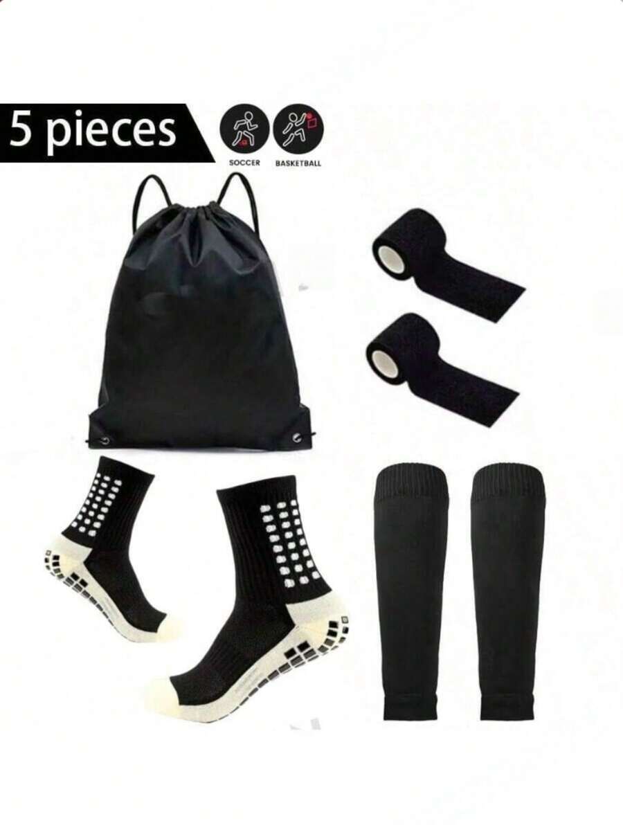 5pcs/Set Football Gear Set, Includes Waterproof Drawstring Bag, Non-Slip Football Socks, Leg Sleeves, Self-Adhesive Sports Bandage, High Leg Sleeves For Youth Sports Training