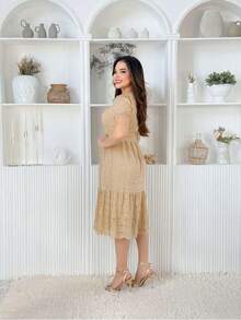 Vestido Aurora De Renda Feminino Midi Elegante Moda Casamento Festa ano novo - Caqui - Visão 4