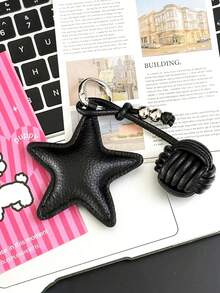 1PC Five-Pointed Star Key Chain, Star Shaped Keychain, Handmade Pentagrams Pendant Key Chain, Leather Star Pendant Versatile Bag Charm Phone Case Camera Key Chain, Leather Pentagram Woven Ball Pendant Christmas Gift