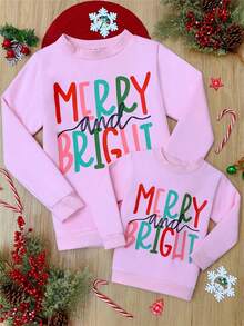 Mommy And Me Matching Christmas Sweatshirts Family Matching Xmas Outfits Long Sleeve Crewneck Let It Snow/Merry Christmas/Merry Bright Letter Print Sweatshirts Pullover Tops Winter Fall Clothes - 粉色 - 查看 7