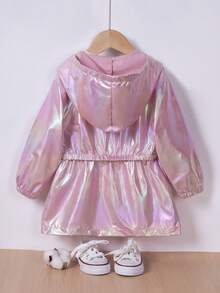 1pc Young Girl Casual Iridescent Hooded Spring/Autumn Jacket, Fashionable Mid-Length Unisex Bomber Coat, Versatile Outerwear