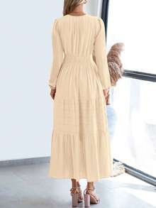 Women Fall Maxi Dresses Long Sleeve High Waist Tiered Flowy A-Line Boho Bohemian Long Dress Beach Holiday Vacation Wedding Guest Valentine Outfit - 杏色 - 查看 2