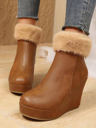2025 New Platform Thick Bottom Boots, Round Toe Faux Thermal Lined Waterproof Wedge Heel Boots For Women