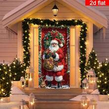 1 pieza Bandera de puerta 2D de poliéster con diseño de Papá Noel - Decoración navideña multiusos, sin necesidad de electricidad, cartel de pared resistente para decoración de fiestas navideñas tanto en interiores como exteriores