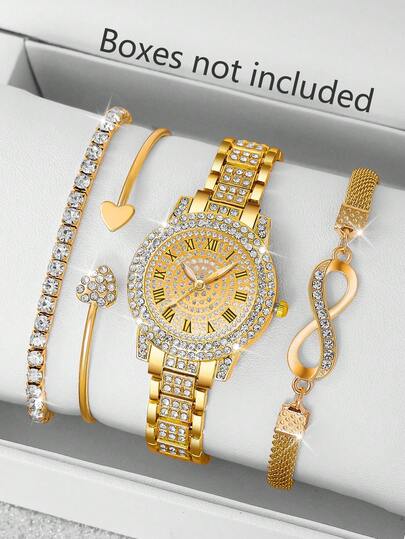 4pcs Women's Elegant Quartz Watch Set, Roman Numerals, Rhinestone Decor, Bohemian Style, Suitable For Daily Wear, Birthday Gift