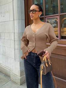 For Love & Bella Women's Sexy & Elegant Deep V-Neck Solid Brown Knit Cardigan, Fitted Minimalist Button Front Knit Sweater, Autumn/Winter - Khaki - View 2