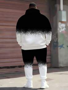 Bộ 2 món dành cho nam cỡ lớn, gồm áo hoodie và quần jogger, có khóa kéo, in hình gấu bông và họa tiết chuyển màu, kiểu dáng rộng rãi thoải mái, trang phục thể thao đường phố cho mùa xuân, thu và đông. - Đen và trắng - Xem 3