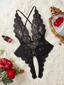 AESKEIA Lace Crotchless Seductive Lingerie, Semi-Sheer Deep V Backless Design Sexy Women's Underwear