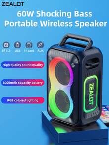 ZEALOT PT02 60W High-Power Wireless Speaker, Portable Outdoor Subwoofer With 1 Speaker, 8000mAh Battery, RGB Lights, Compatible With SD Card/USB/AUX, Supports Dual Speakers, Hands-Free Calling, Suitable For Outdoor Events, Home Parties, Beach Parties