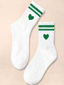 1/5 双心形双杠女式中筒袜，白色和绿色拼色，柔软休闲舒适，适合情人节、四季、万圣节和圣诞节的中筒袜