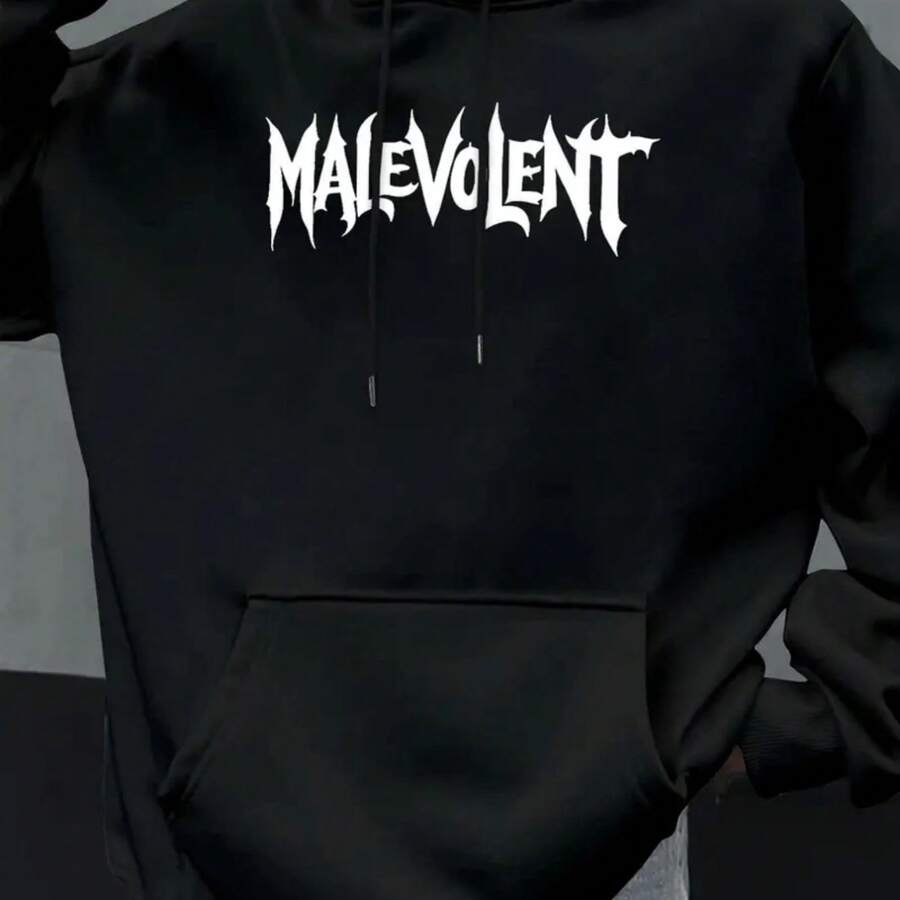 Slogan Graphic Retro Street Style Hooded Sweatshirt For Men - 100% Polyester Soft Breathable Warm Winter Hoodie With Gothic Letter Print (Evil Design), Hip Hop Sportswear, Front Pocket, Long Sleeve Casual Pullover, Suitable For Gym, Outdoor & Casual Gown - Red/Black Contrast Men's Style - Ideal For Fall And Winter Layout, Hoodie - Black - View 1