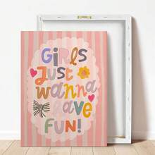 1幅带框帆布墙画，儿童房装饰，“女孩只想玩得开心”励志名言画，彩虹艺术，波西米亚风格，婴儿房/儿童房装饰，孕妇房装饰 - 彩色 - 查看 5