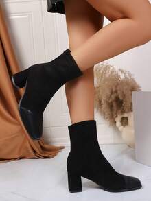 Women's Fashion Ankle Boots, Classic Square Toe Patchwork Elastic Chelsea Boots, Chunky Heel High Heel Black Ankle Boots - Black - View 5