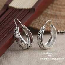 Retro Earrings Silver Color Round Earrings Bohemian Metal Carving Pattern Hoop Earrings For Women Jewelry Women's Earrings Jewelry Birthday Anniversary Gift For Lovers And Friends Valentine's Day Earrings Gift - 銀色 - 查看 7
