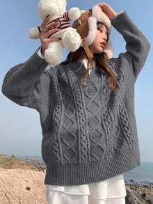 女式复古纯色毛衣，宽松休闲套头衫，秋冬