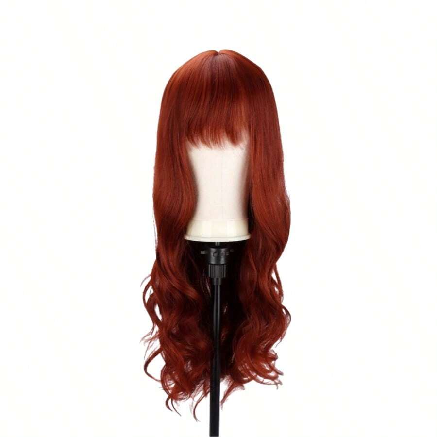 Wavy Hair Wig With Bangs Black Organic Fiber Long 60cm - 酒紅色 - 查看 1