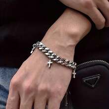 ‌Premium Titanium Steel Men's Bracelet - Retro Hip-Hop Style Cross Pendant Link Adjustable Design, Hypoallergenic Stainless Steel Jewelry For Professional & Casual Wear, Gift For Men - 銀色 - 查看 9